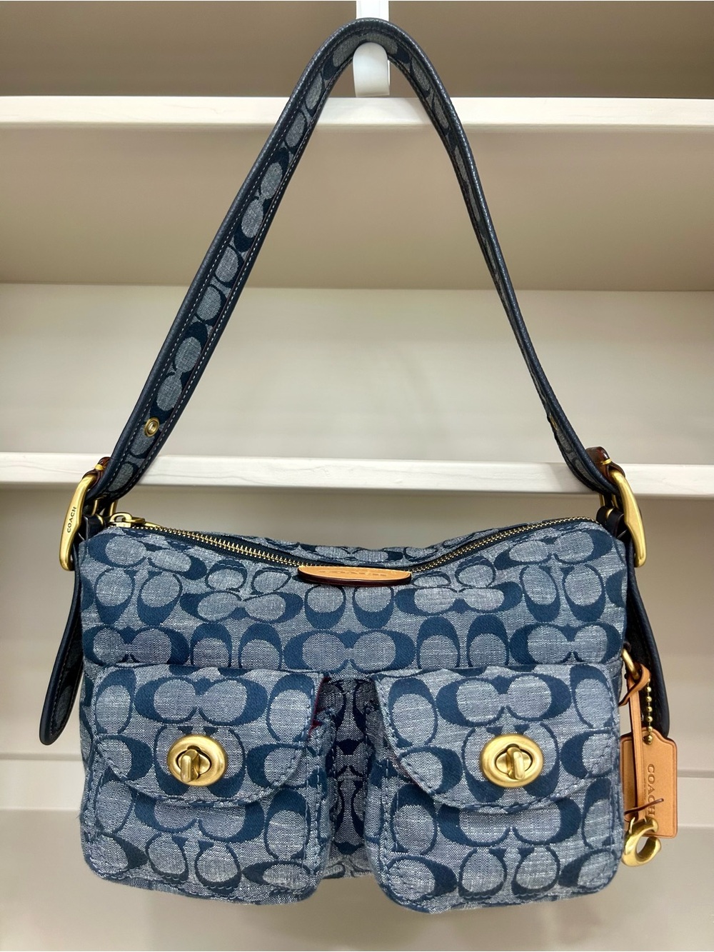 Coach Cargo Shoulder Bag In Signature Chambray 3239 Blue Brass Purse Handbag